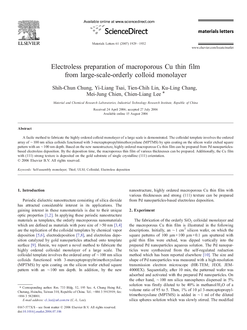 Electroless preparation of macroporous Cu thin film from large-scale-orderly colloid monolayer