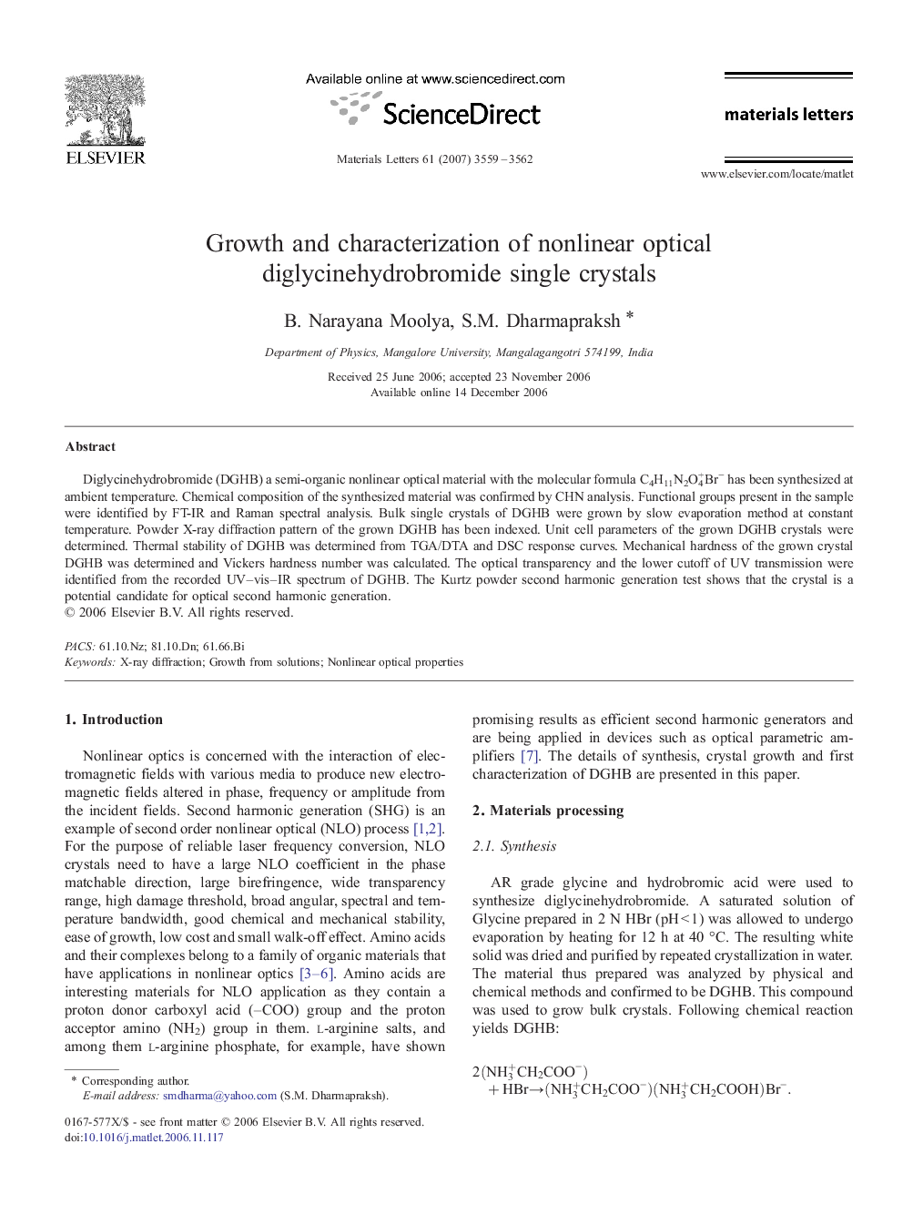 Growth and characterization of nonlinear optical diglycinehydrobromide single crystals