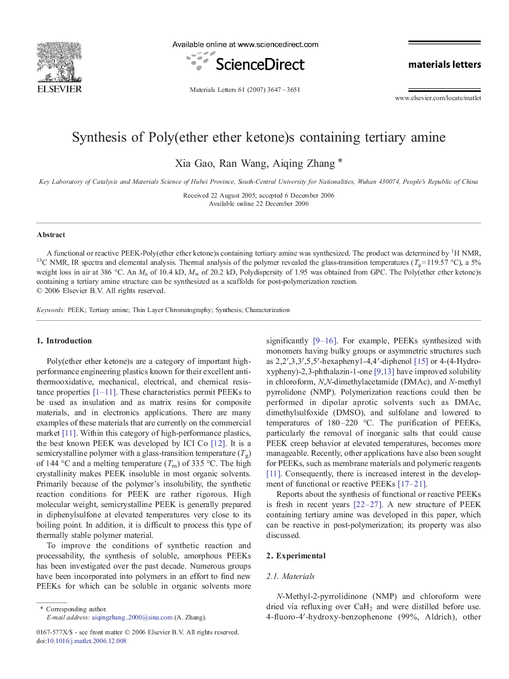 Synthesis of Poly(ether ether ketone)s containing tertiary amine