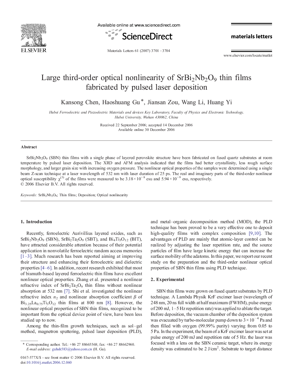 Large third-order optical nonlinearity of SrBi2Nb2O9 thin films fabricated by pulsed laser deposition