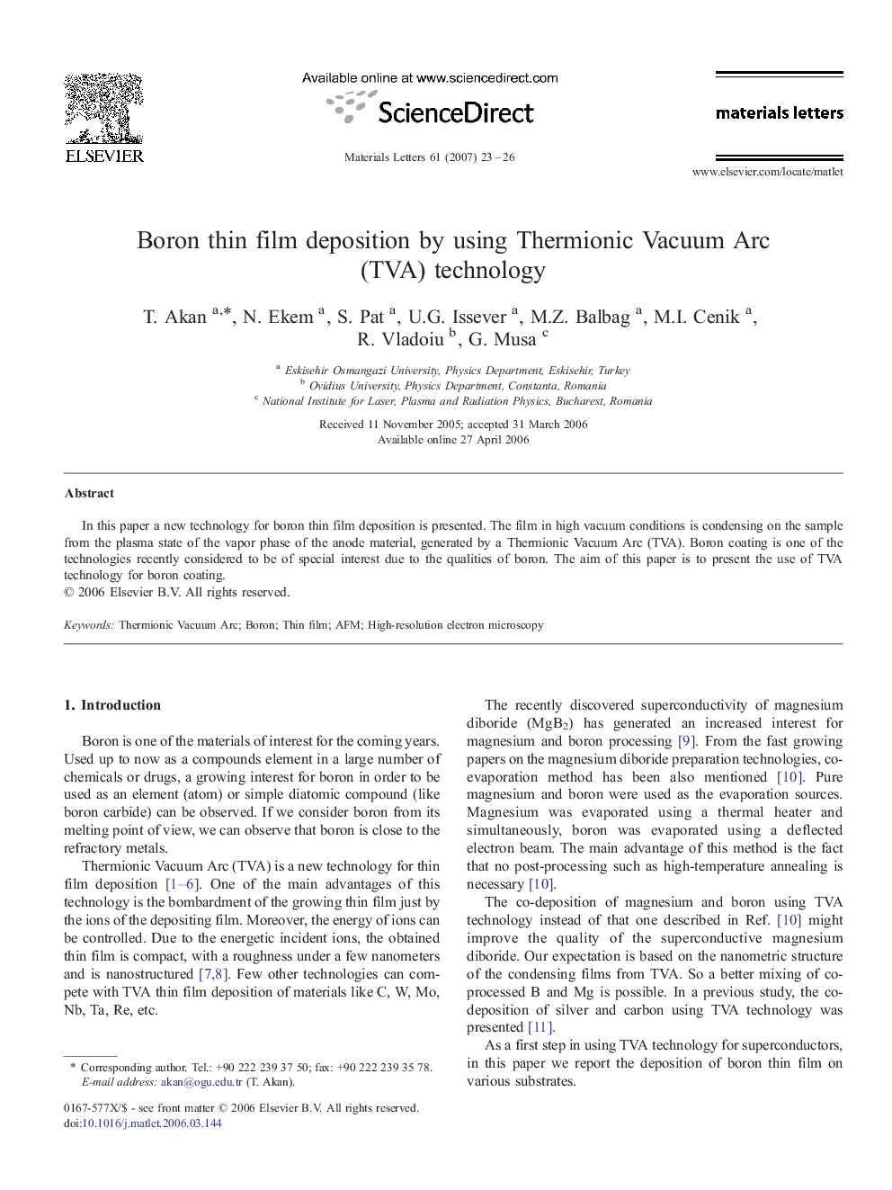 Boron thin film deposition by using Thermionic Vacuum Arc (TVA) technology