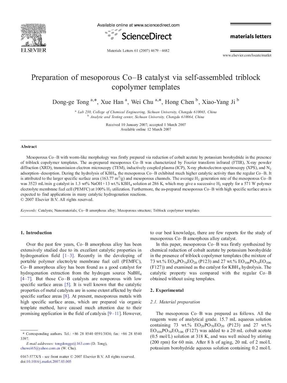 Preparation of mesoporous Co–B catalyst via self-assembled triblock copolymer templates