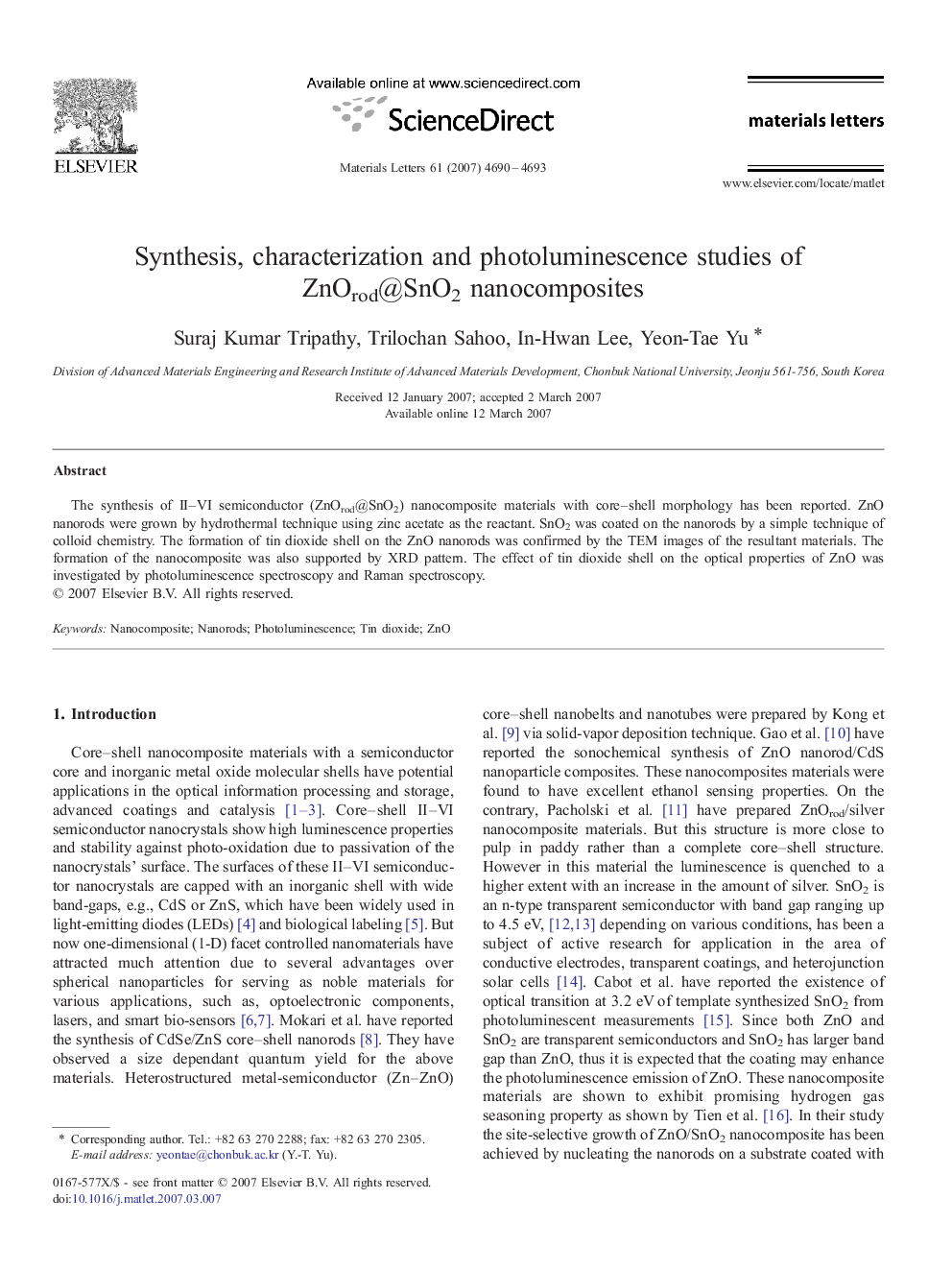 Synthesis, characterization and photoluminescence studies of ZnOrod@SnO2 nanocomposites