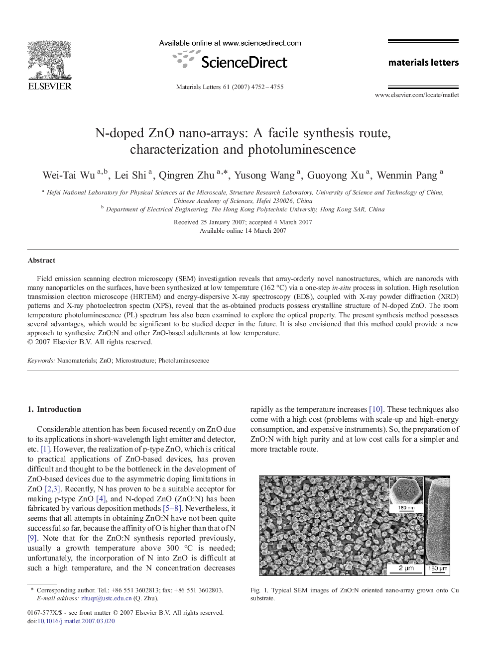 N-doped ZnO nano-arrays: A facile synthesis route, characterization and photoluminescence