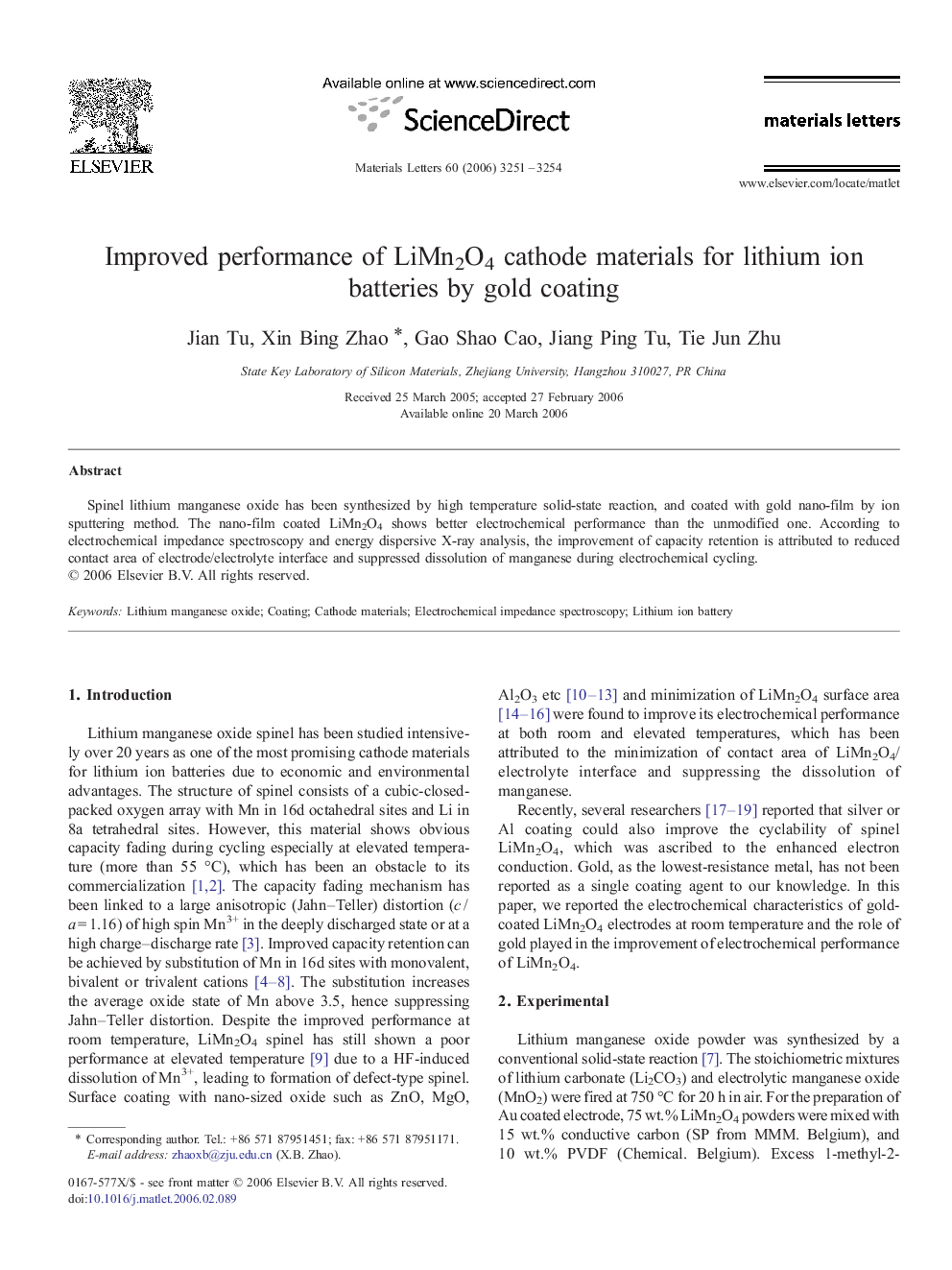 Improved performance of LiMn2O4 cathode materials for lithium ion batteries by gold coating