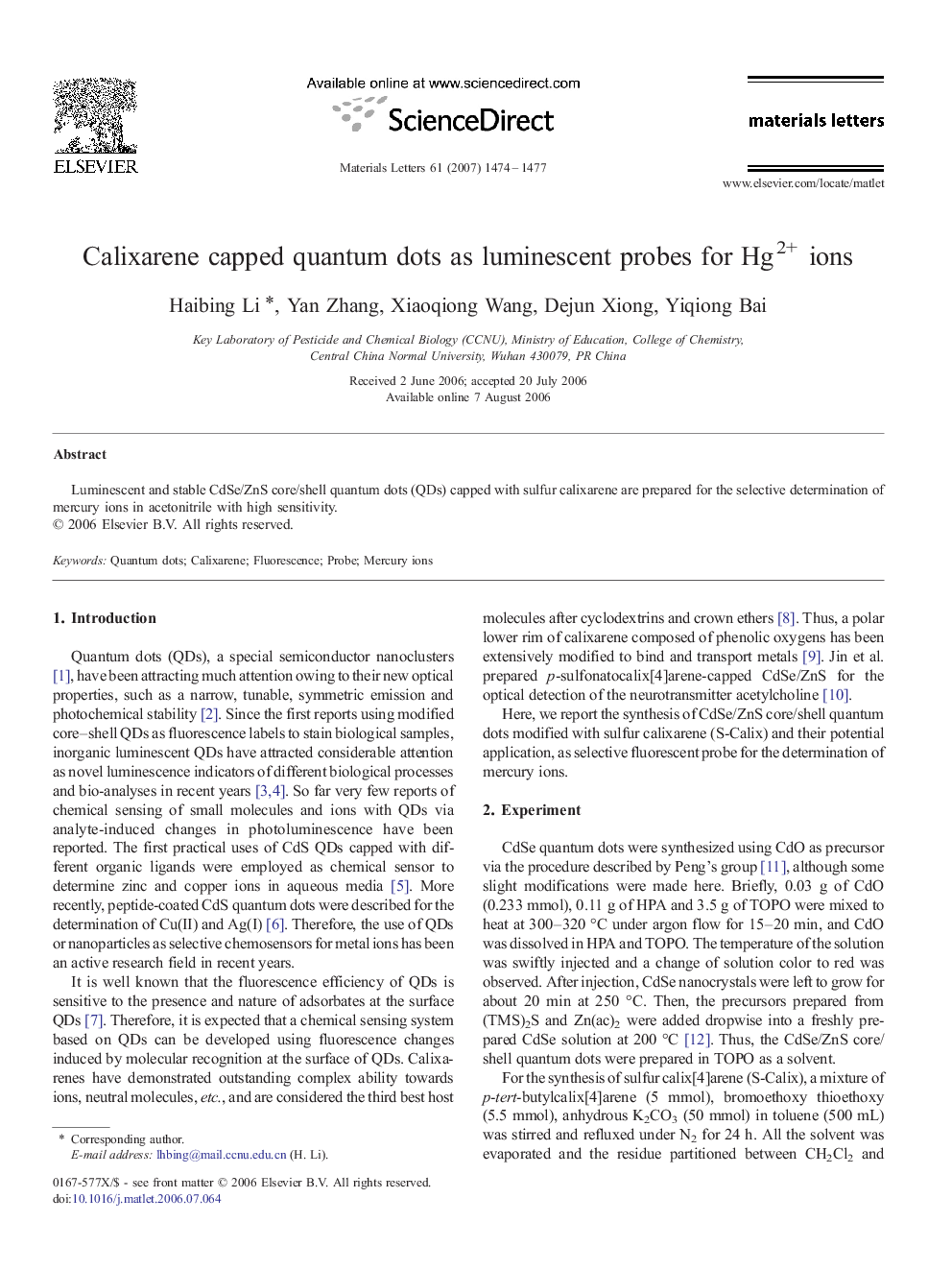 Calixarene capped quantum dots as luminescent probes for Hg2+ ions