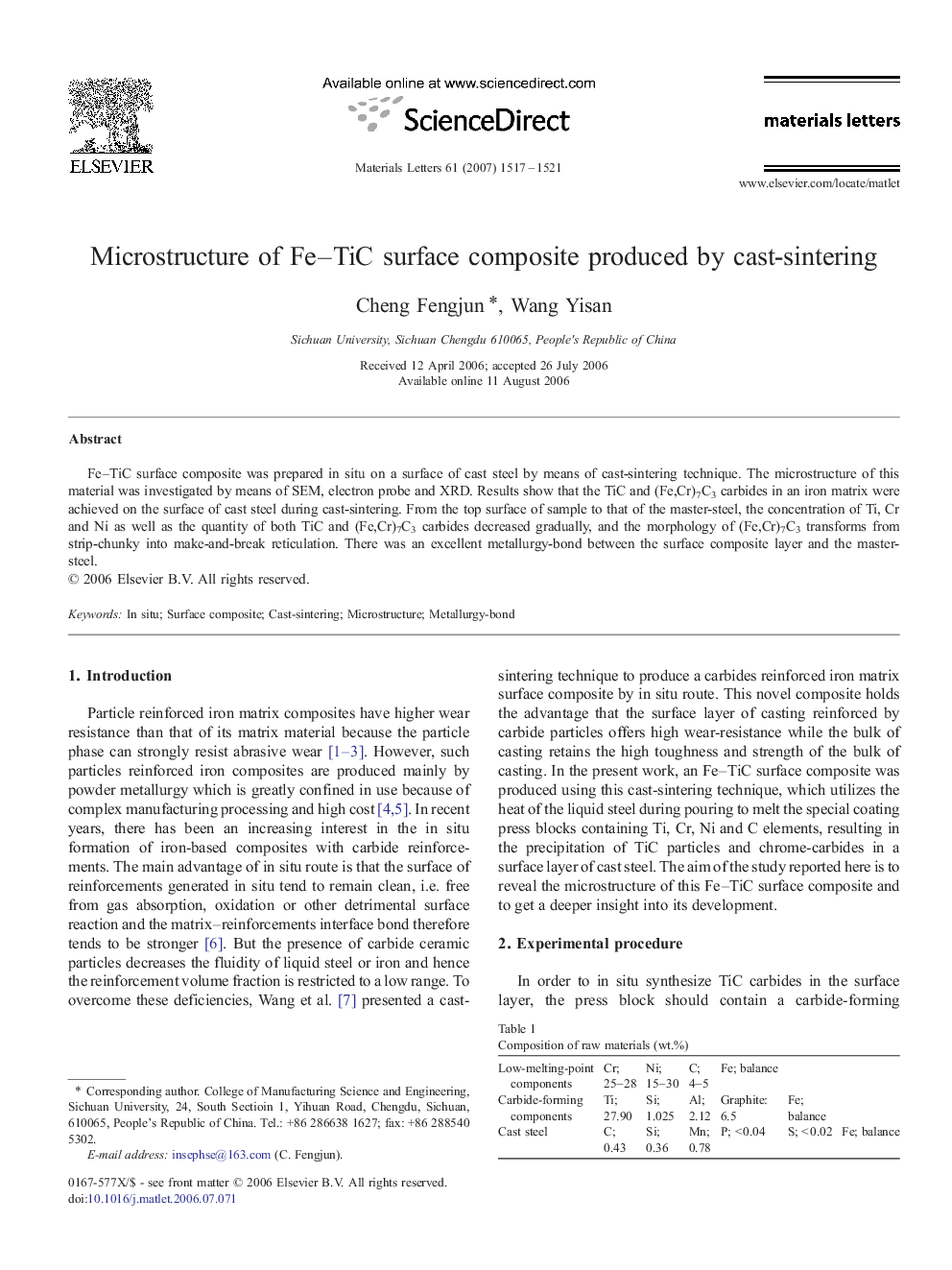 Microstructure of Fe–TiC surface composite produced by cast-sintering