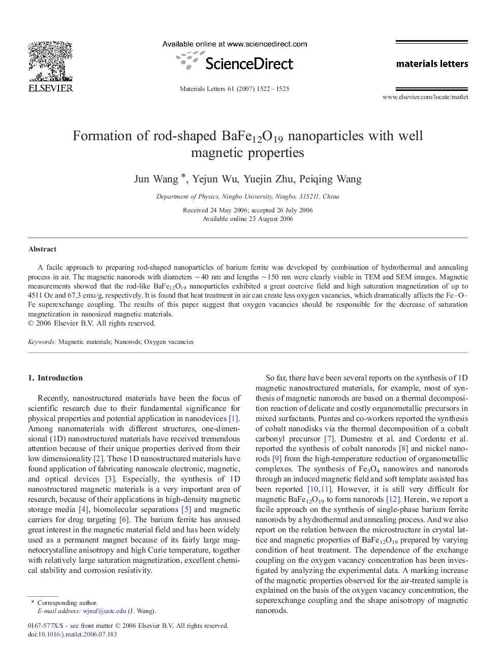 Formation of rod‐shaped BaFe12O19 nanoparticles with well magnetic properties