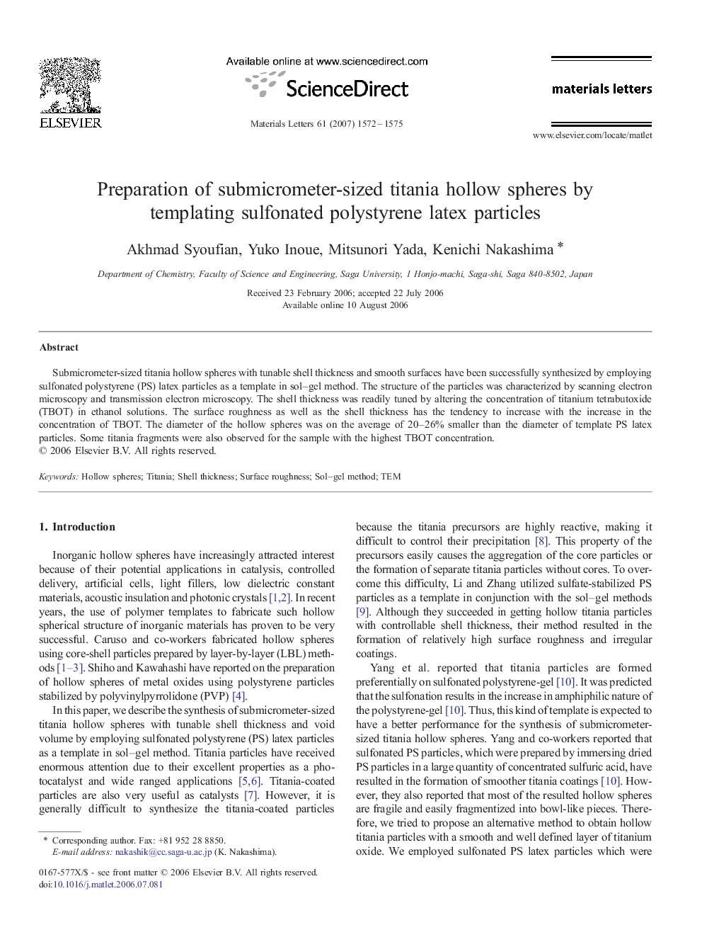 Preparation of submicrometer-sized titania hollow spheres by templating sulfonated polystyrene latex particles