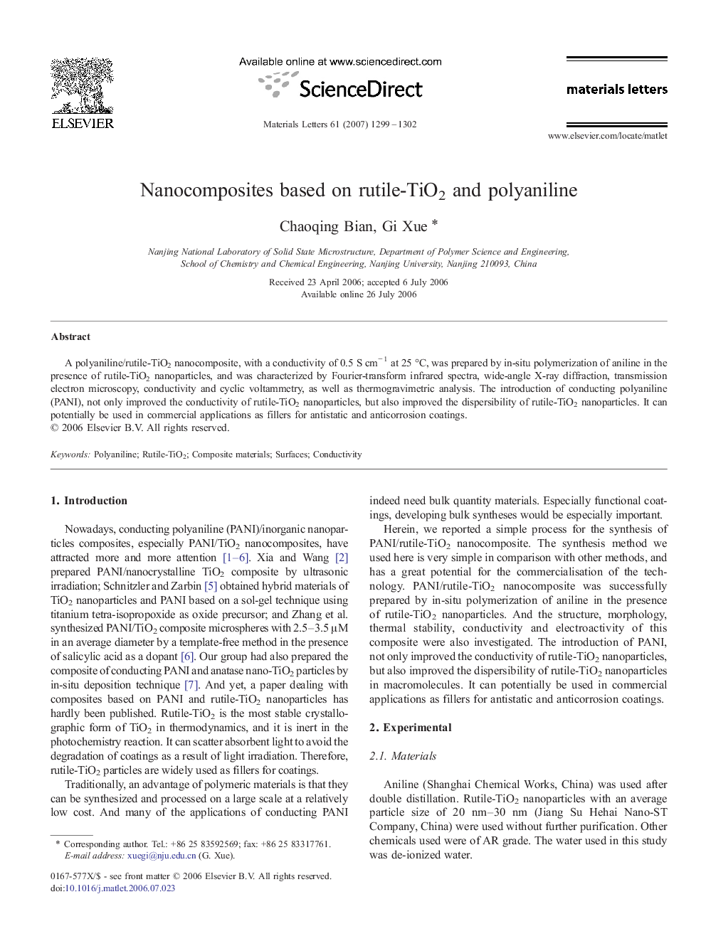 Nanocomposites based on rutile-TiO2 and polyaniline