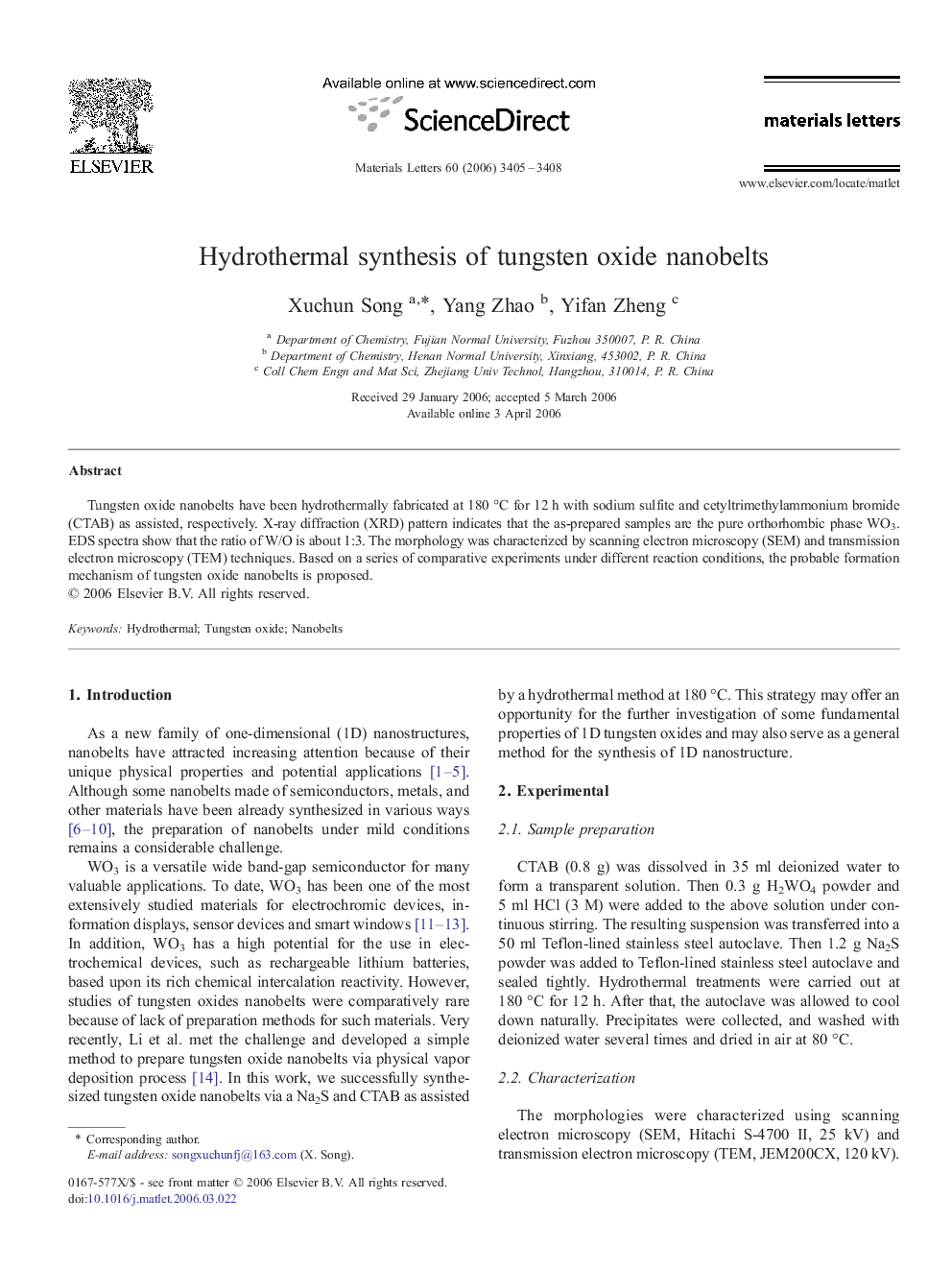 Hydrothermal synthesis of tungsten oxide nanobelts