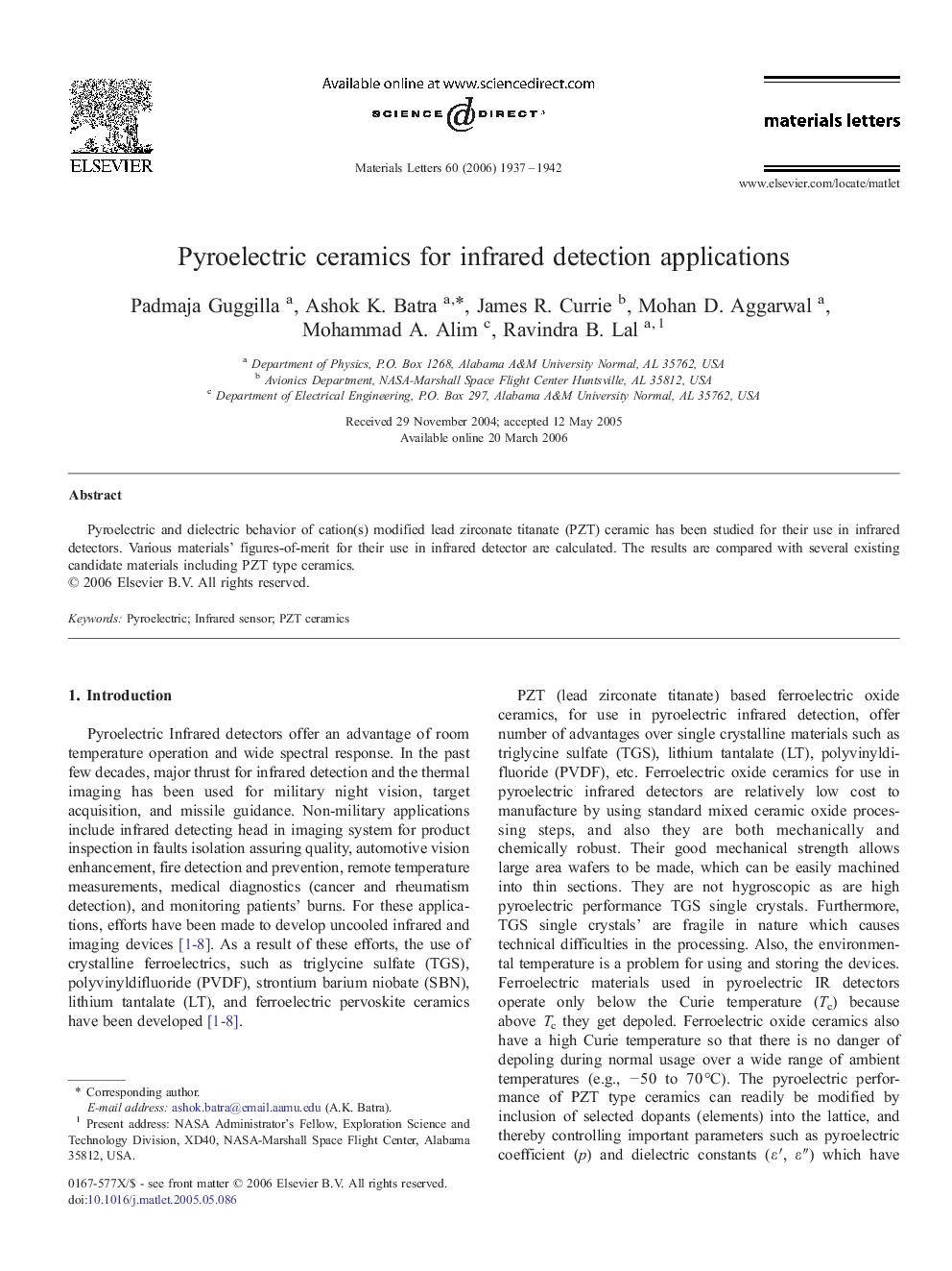 Pyroelectric ceramics for infrared detection applications