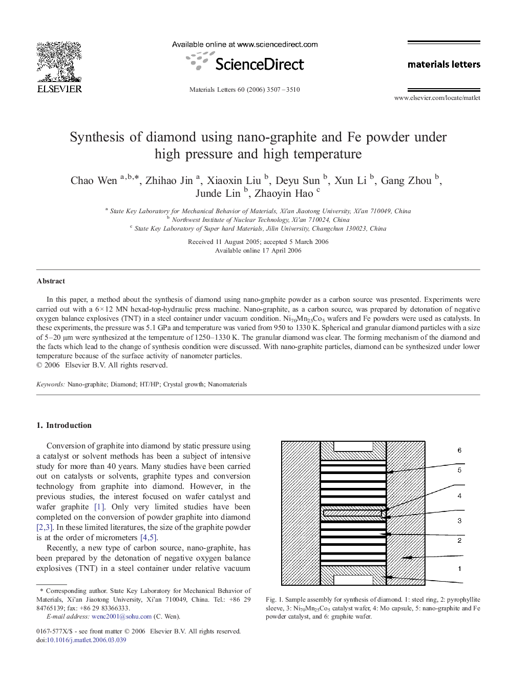 Synthesis of diamond using nano-graphite and Fe powder under high pressure and high temperature