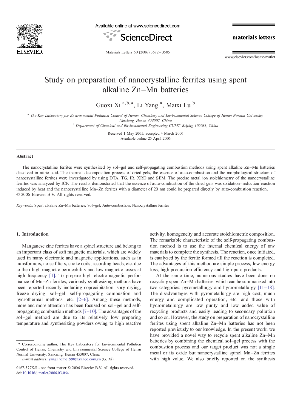 Study on preparation of nanocrystalline ferrites using spent alkaline Zn–Mn batteries