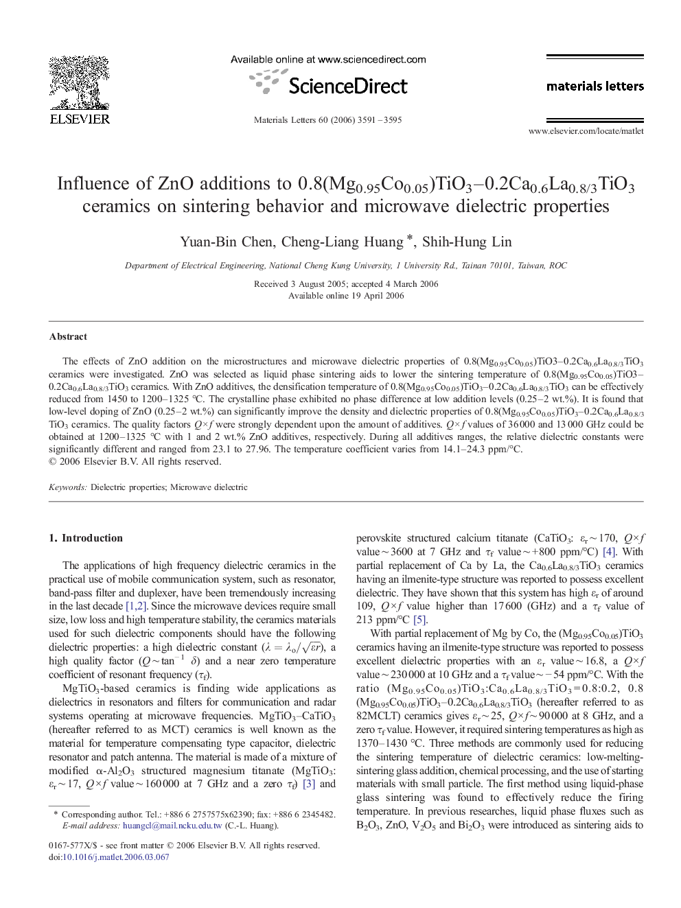 Influence of ZnO additions to 0.8(Mg0.95Co0.05)TiO3–0.2Ca0.6La0.8/3TiO3 ceramics on sintering behavior and microwave dielectric properties