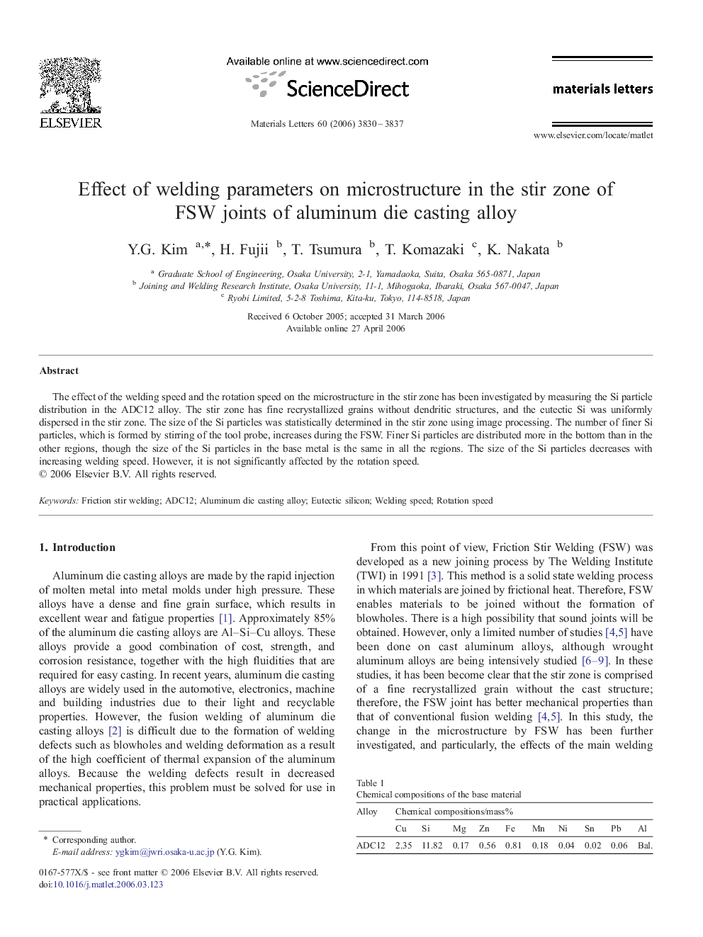 Effect of welding parameters on microstructure in the stir zone of FSW joints of aluminum die casting alloy