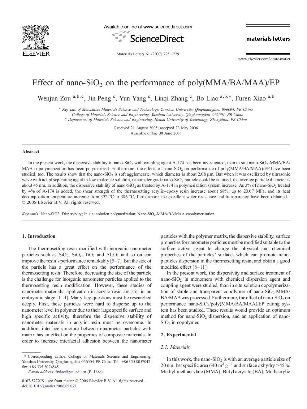 Effect of nano-SiO2 on the performance of poly(MMA/BA/MAA)/EP