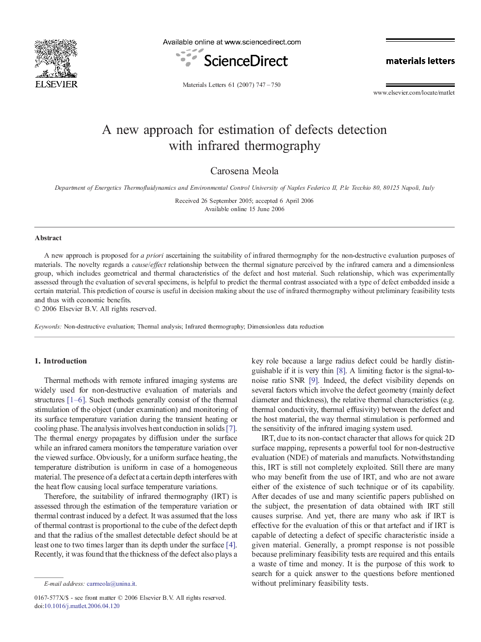 A new approach for estimation of defects detection with infrared thermography