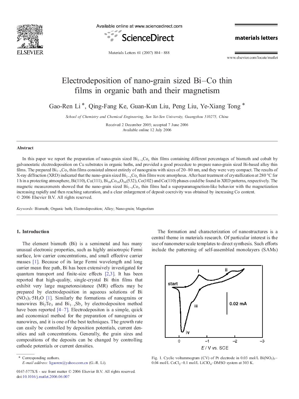 Electrodeposition of nano-grain sized Bi–Co thin films in organic bath and their magnetism