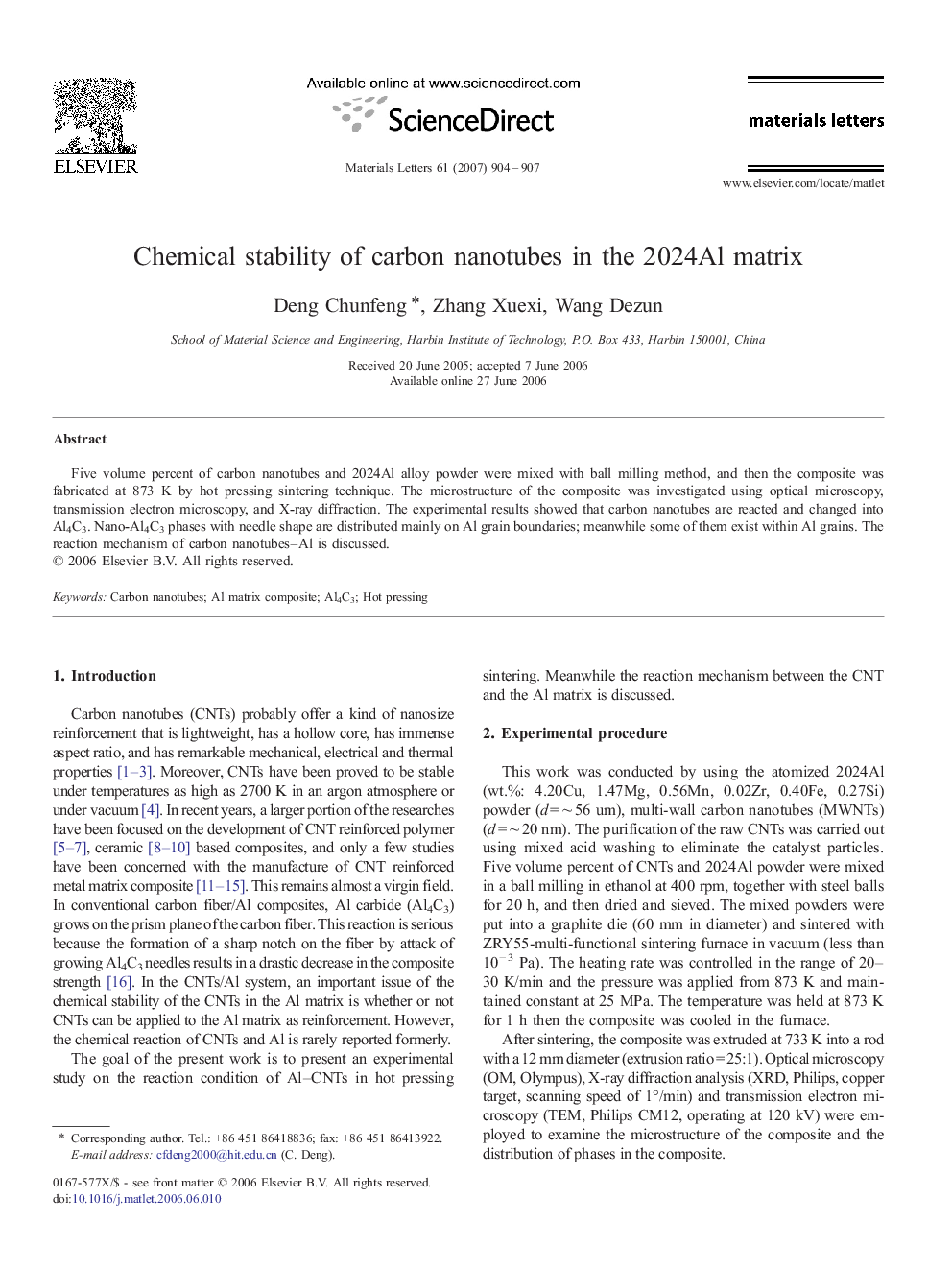 Chemical stability of carbon nanotubes in the 2024Al matrix