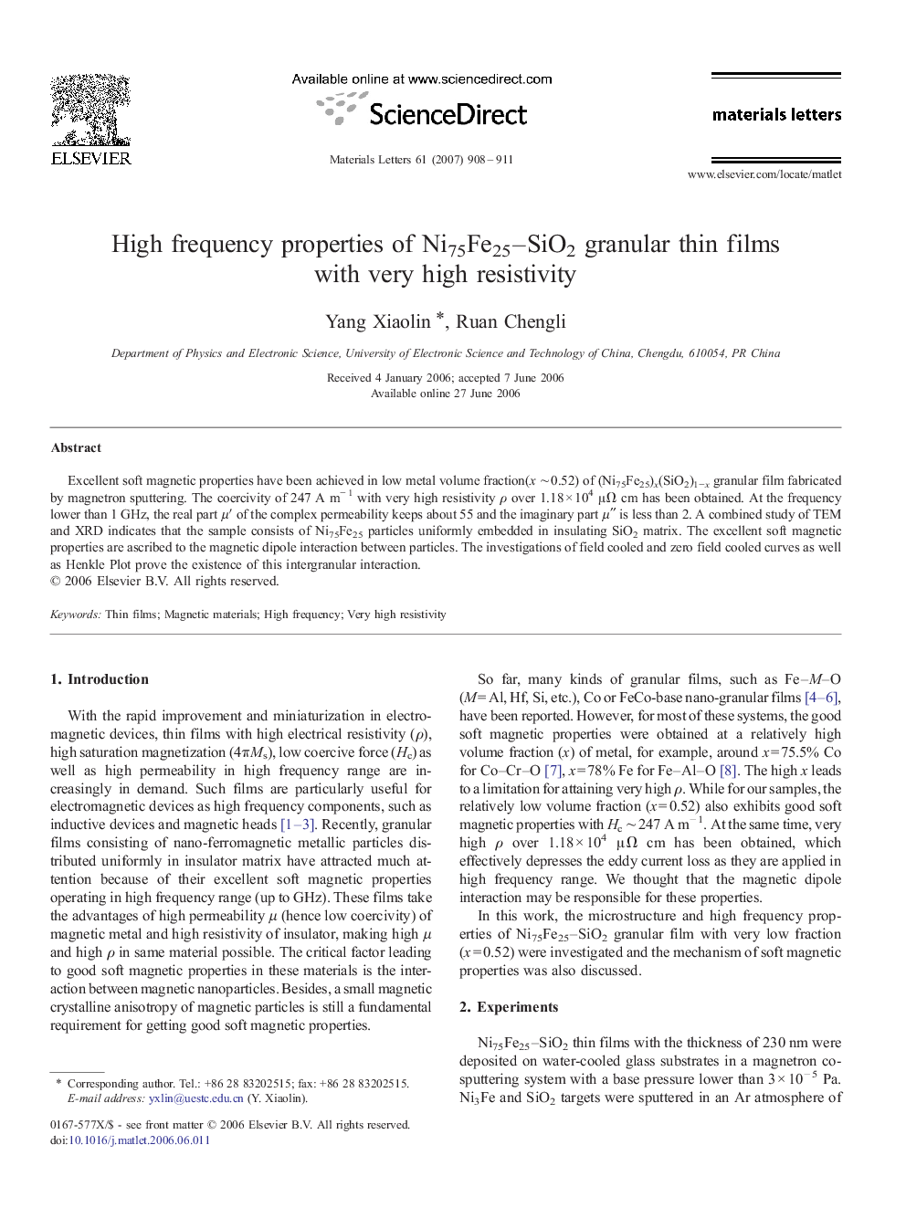 High frequency properties of Ni75Fe25-SiO2 granular thin films with very high resistivity