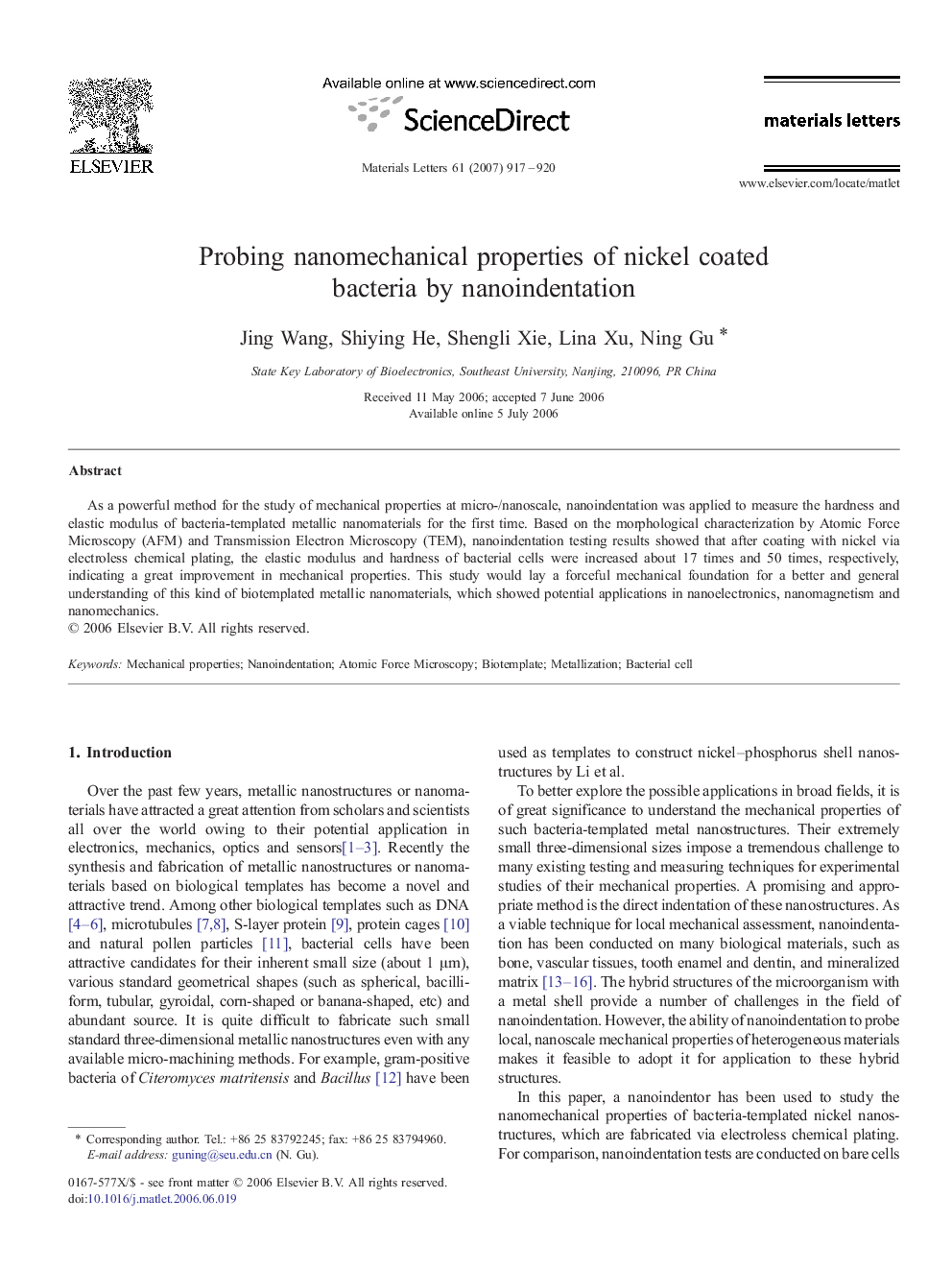 Probing nanomechanical properties of nickel coated bacteria by nanoindentation