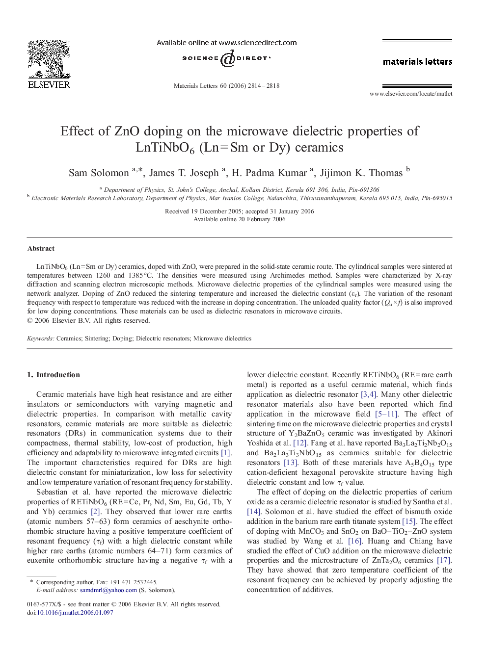 Effect of ZnO doping on the microwave dielectric properties of LnTiNbO6 (LnÂ =Â Sm or Dy) ceramics