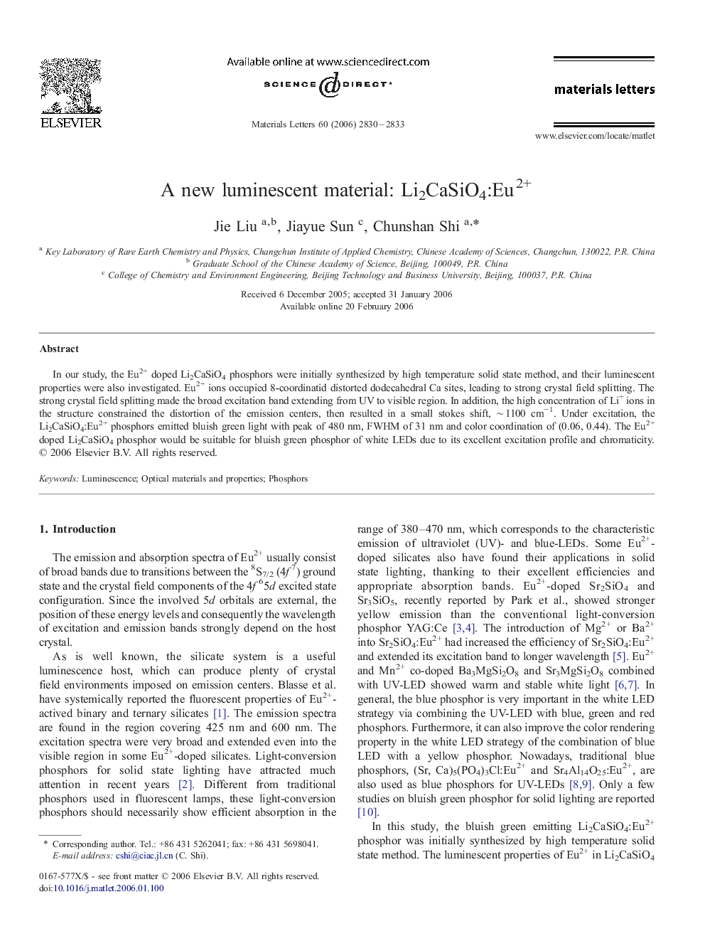 A new luminescent material: Li2CaSiO4:Eu2+