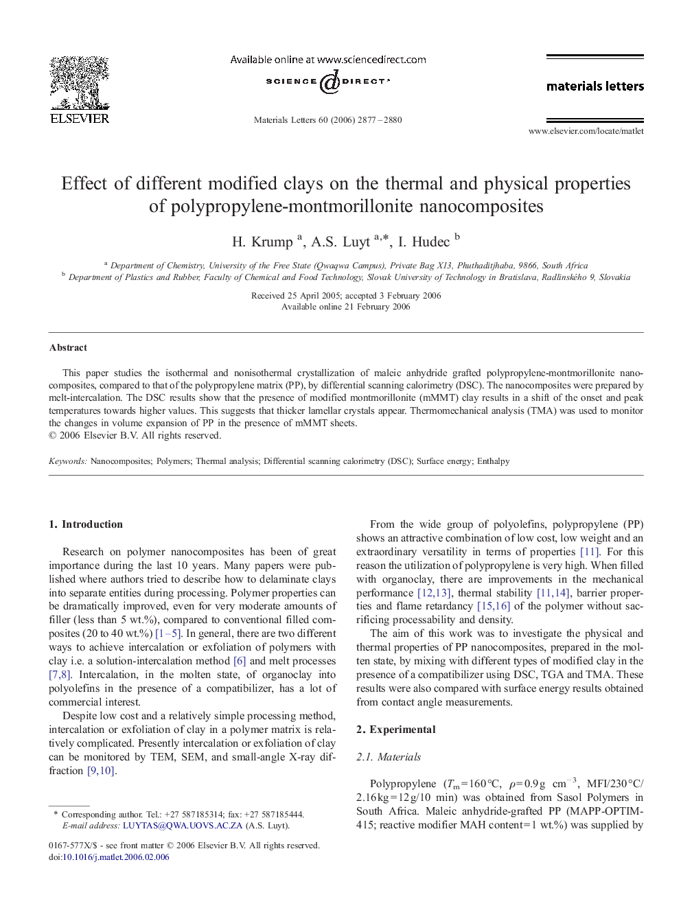 Effect of different modified clays on the thermal and physical properties of polypropylene-montmorillonite nanocomposites