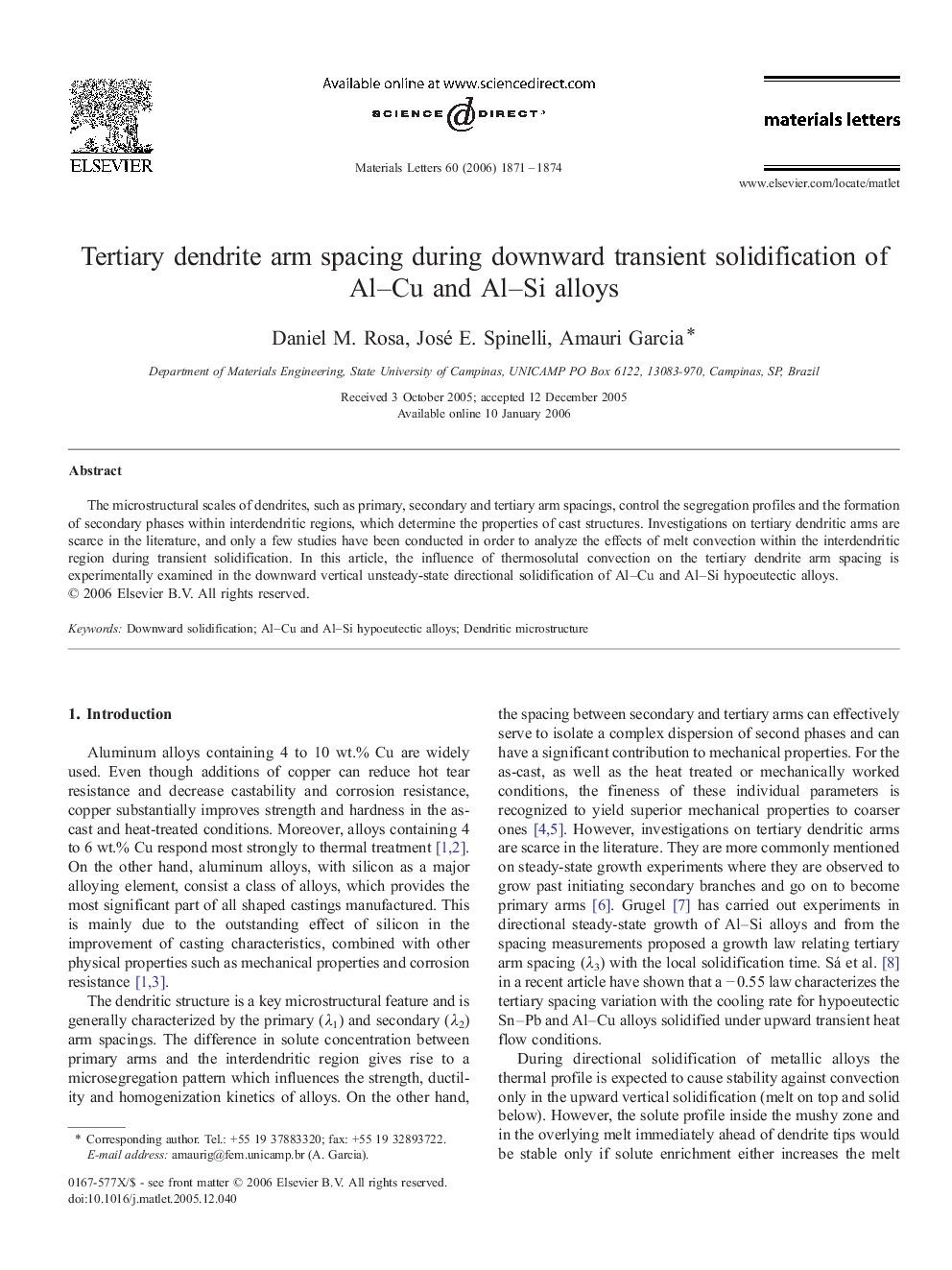 Tertiary dendrite arm spacing during downward transient solidification of Al–Cu and Al–Si alloys