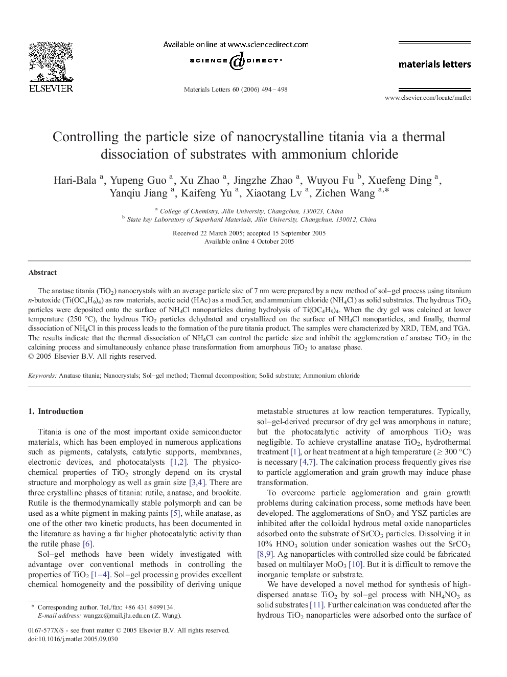 Controlling the particle size of nanocrystalline titania via a thermal dissociation of substrates with ammonium chloride