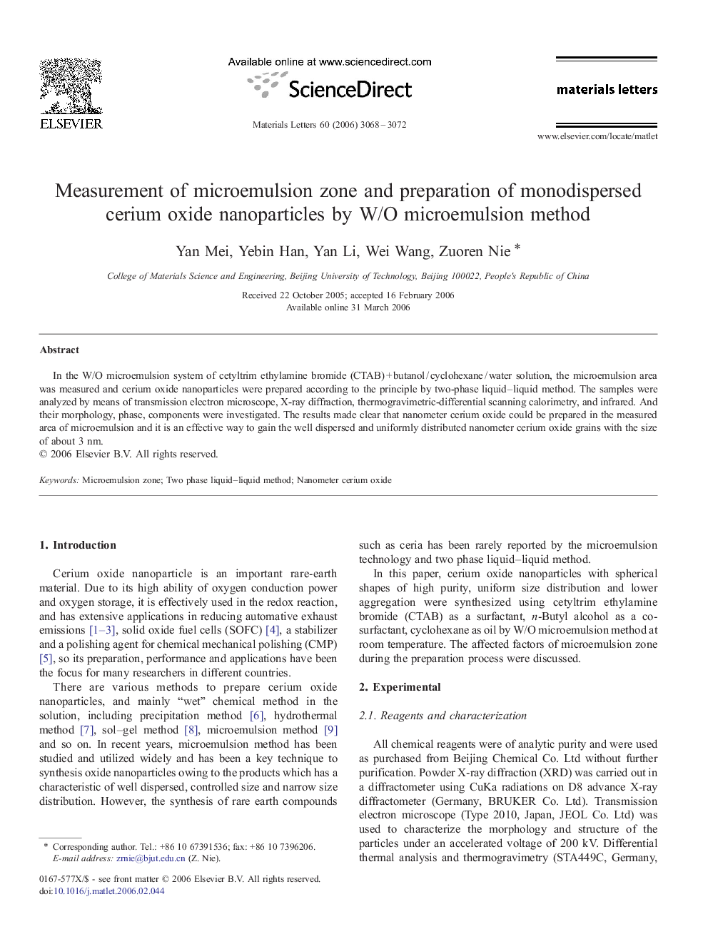 Measurement of microemulsion zone and preparation of monodispersed cerium oxide nanoparticles by W/O microemulsion method