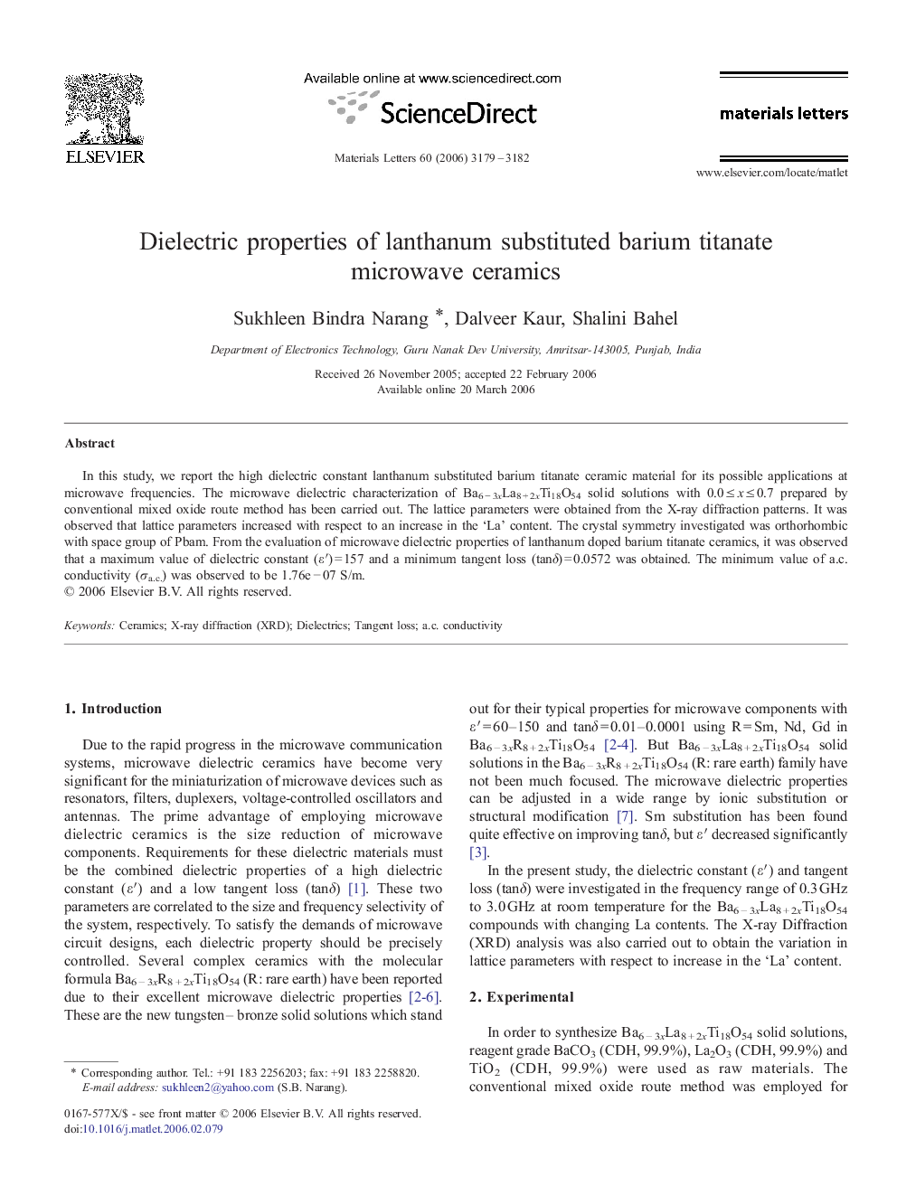 Dielectric properties of lanthanum substituted barium titanate microwave ceramics