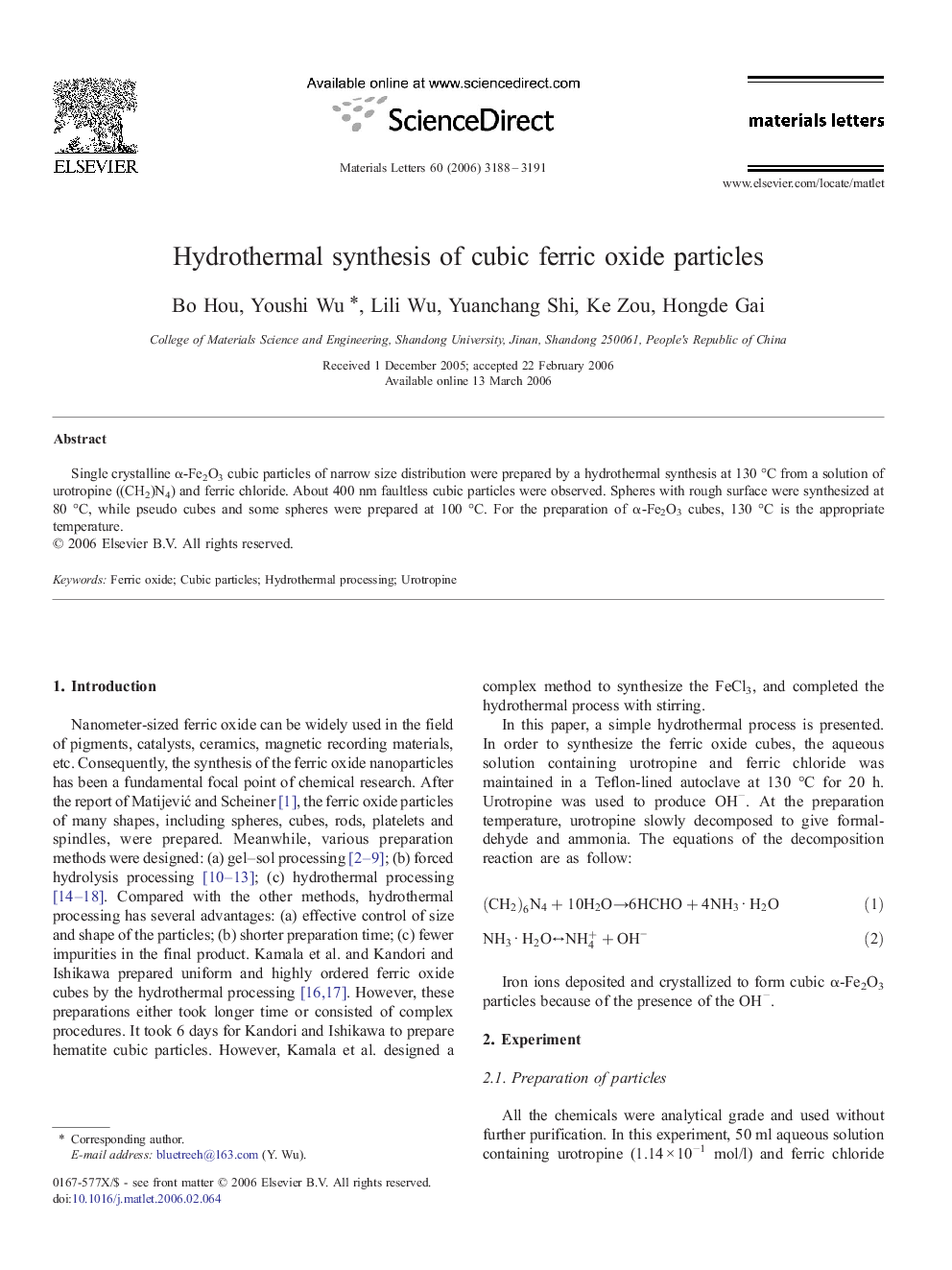 Hydrothermal synthesis of cubic ferric oxide particles