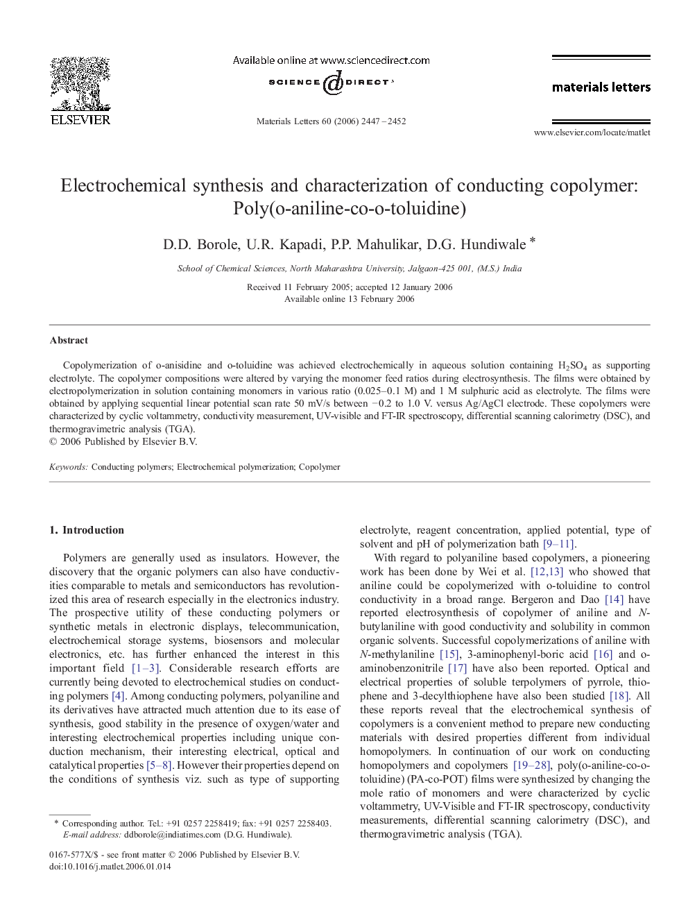 Electrochemical synthesis and characterization of conducting copolymer: Poly(o-aniline-co-o-toluidine)