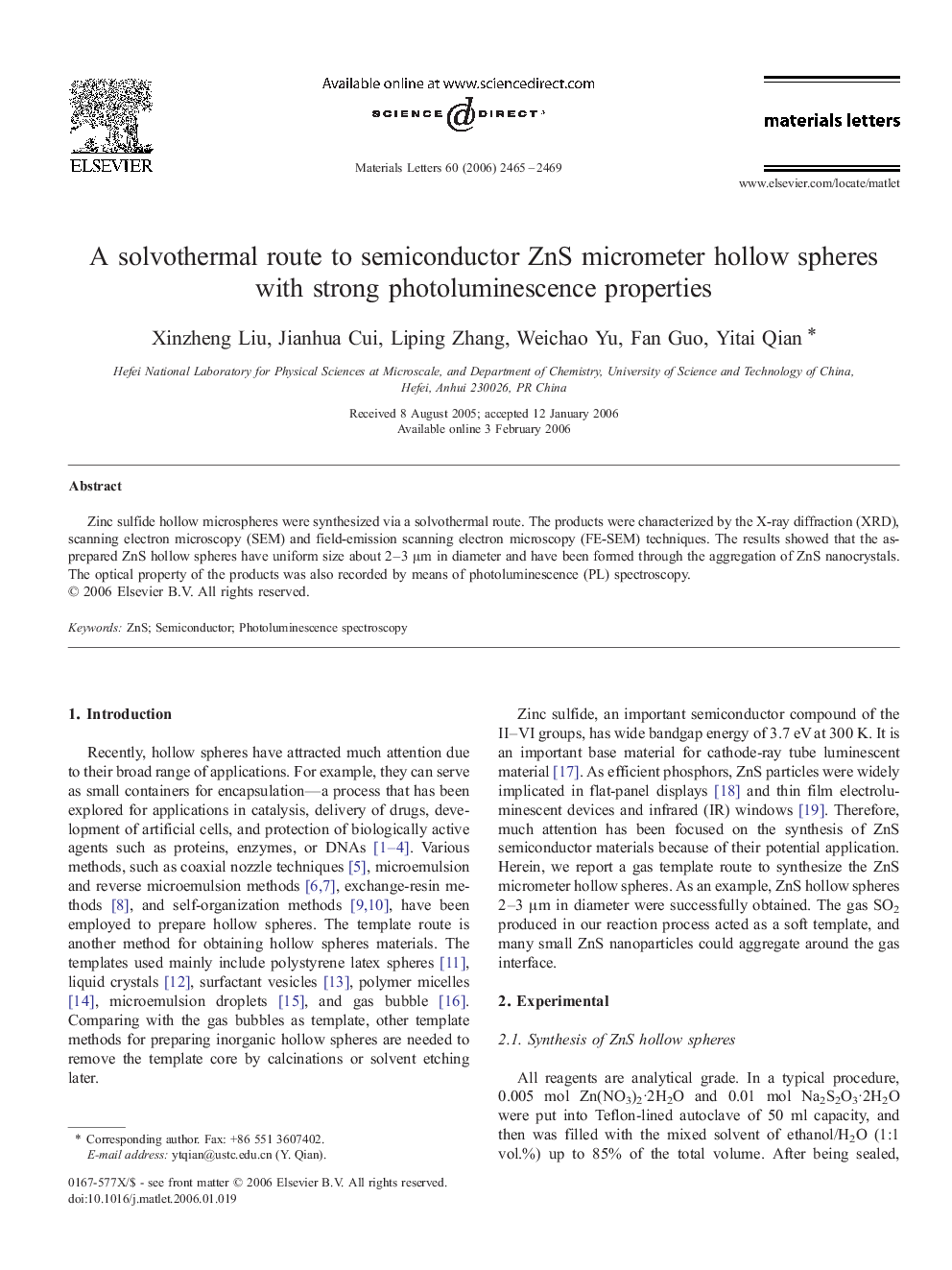 A solvothermal route to semiconductor ZnS micrometer hollow spheres with strong photoluminescence properties