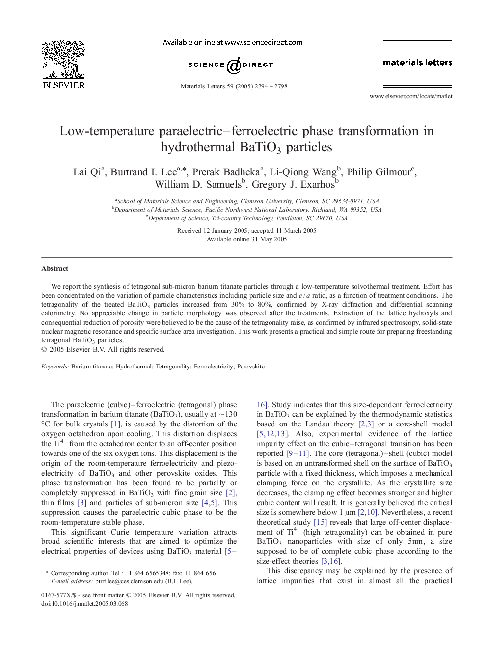 Low-temperature paraelectric–ferroelectric phase transformation in hydrothermal BaTiO3 particles