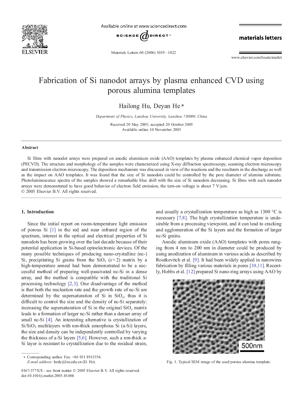 Fabrication of Si nanodot arrays by plasma enhanced CVD using porous alumina templates