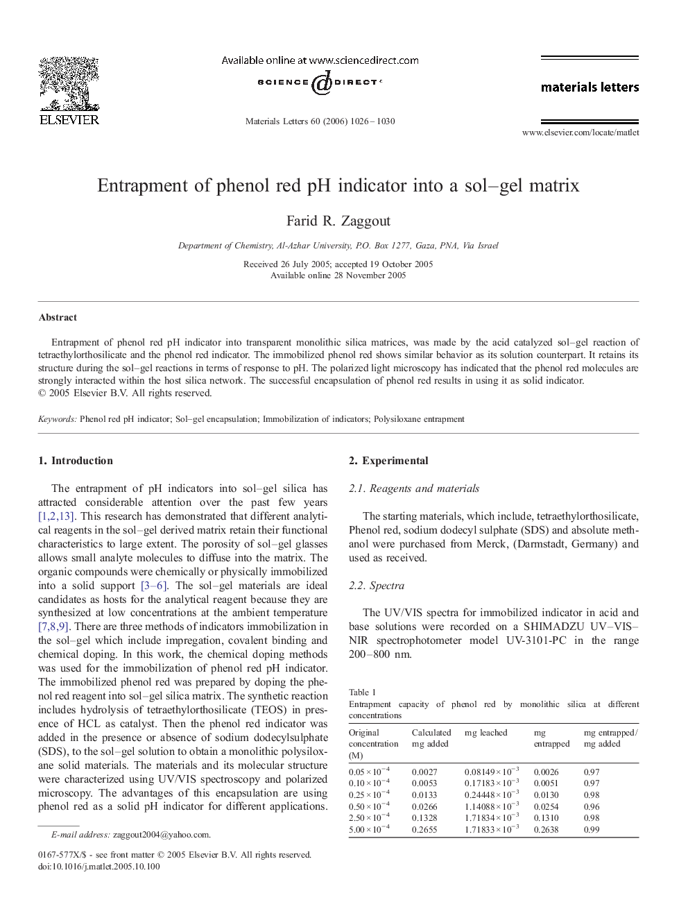 عکس صفحه اول مقاله: Entrapment of phenol red pH indicator into a sol–gel matrix Entrapment of phenol red pH indicator into a sol–gel matrix
