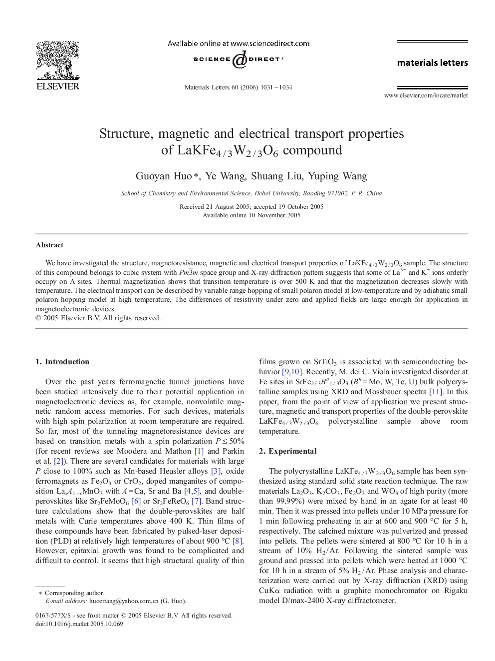 عکس صفحه اول مقاله: Structure, magnetic and electrical transport properties of LaKFe4 / 3W2 / 3O6 compound Structure, magnetic and electrical transport properties of LaKFe4 / 3W2 / 3O6 compound