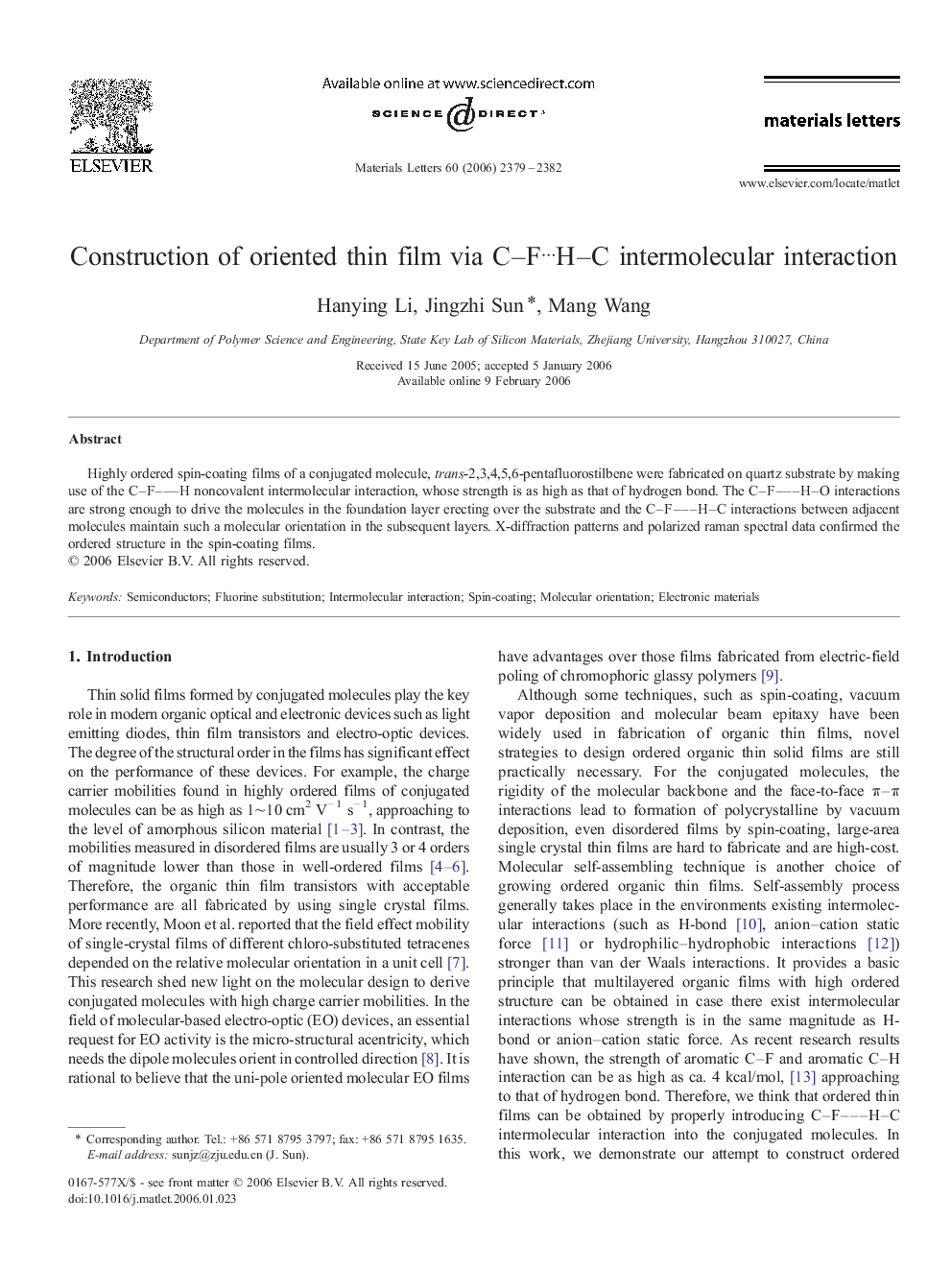 Construction of oriented thin film via C–F⋯H–C intermolecular interaction