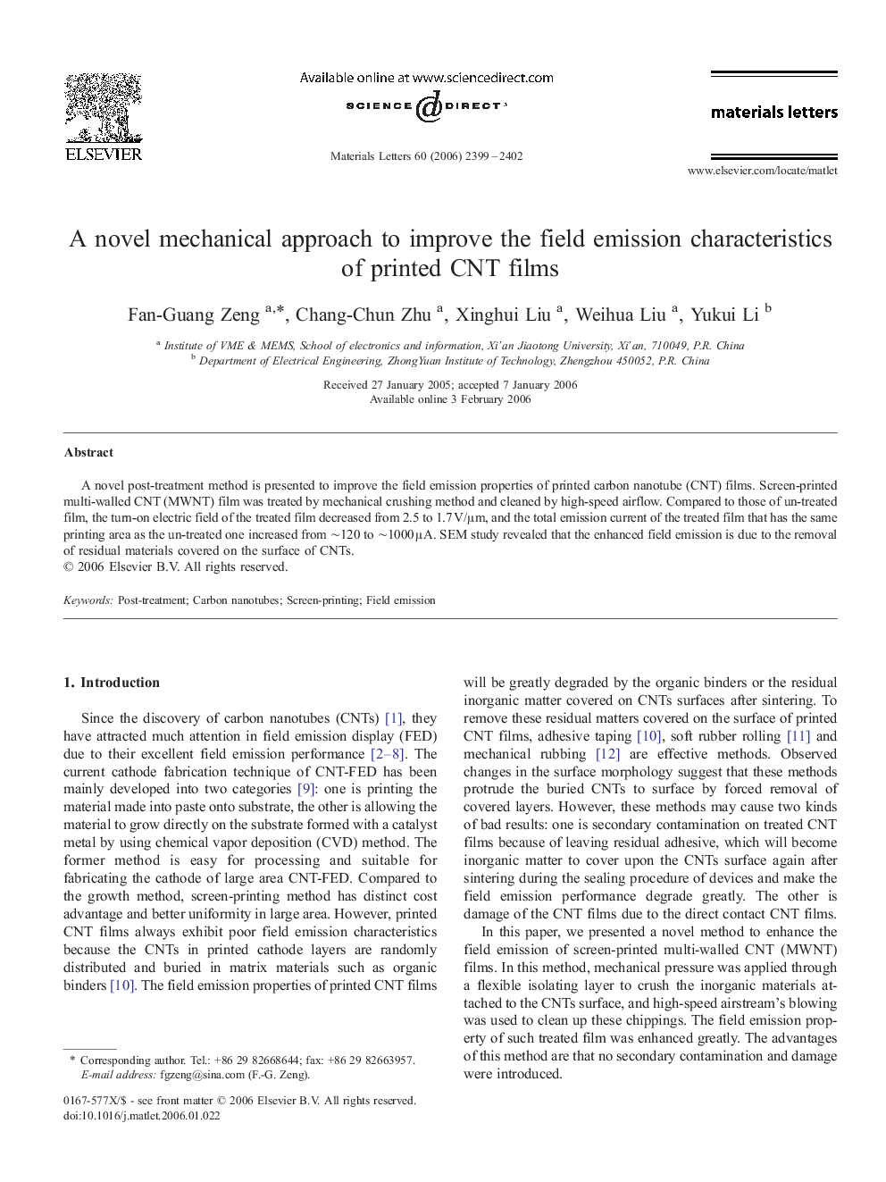 A novel mechanical approach to improve the field emission characteristics of printed CNT films