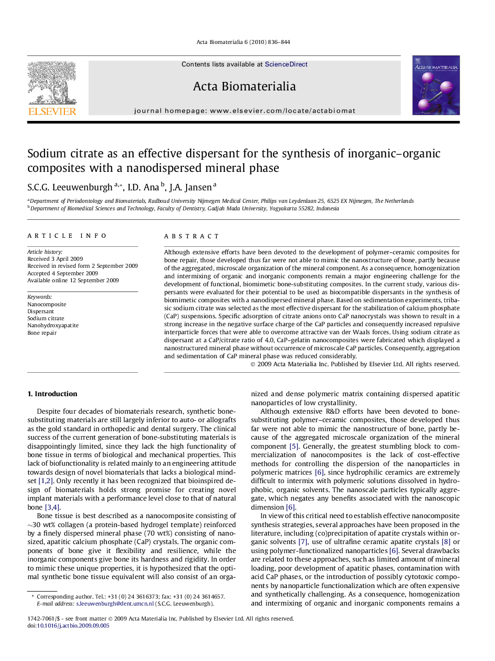 Sodium citrate as an effective dispersant for the synthesis of inorganic–organic composites with a nanodispersed mineral phase