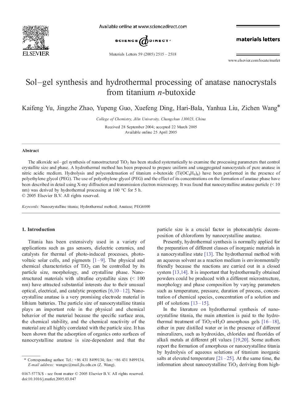 Sol–gel synthesis and hydrothermal processing of anatase nanocrystals from titanium n-butoxide