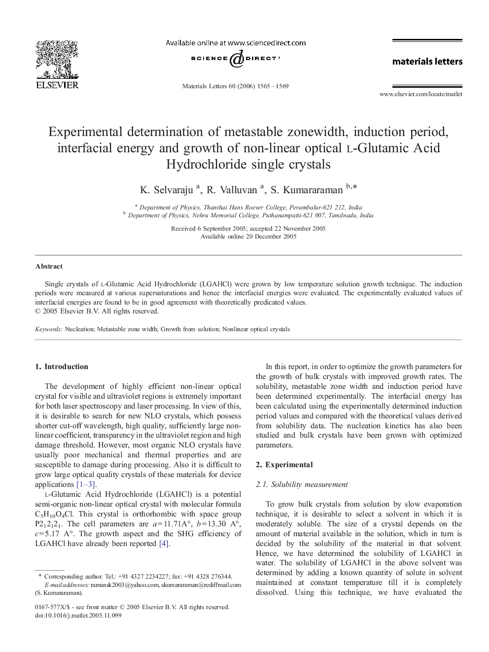 Experimental determination of metastable zonewidth, induction period, interfacial energy and growth of non-linear optical l-Glutamic Acid Hydrochloride single crystals