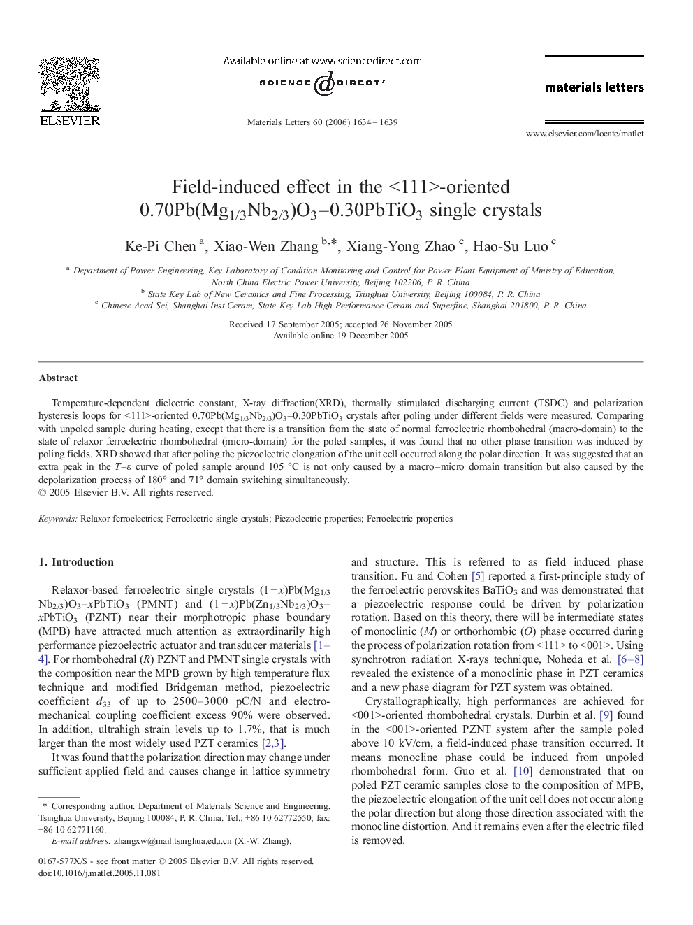 Field-induced effect in the <111>-oriented 0.70Pb(Mg1/3Nb2/3)O3–0.30PbTiO3 single crystals