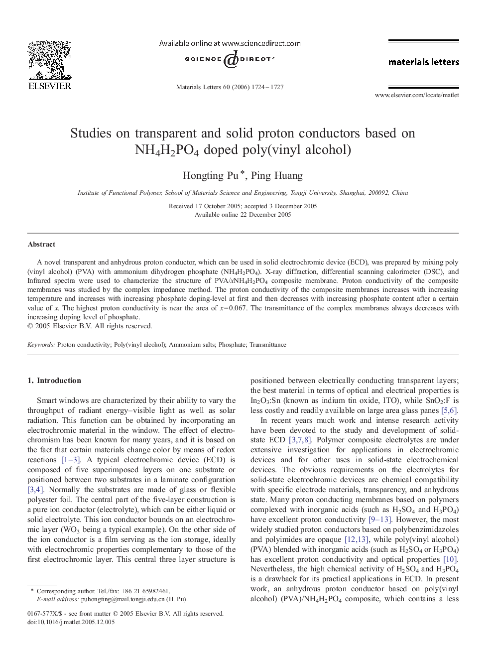 Studies on transparent and solid proton conductors based on NH4H2PO4 doped poly(vinyl alcohol)