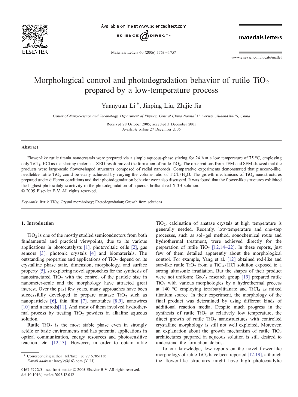 Morphological control and photodegradation behavior of rutile TiO2 prepared by a low-temperature process