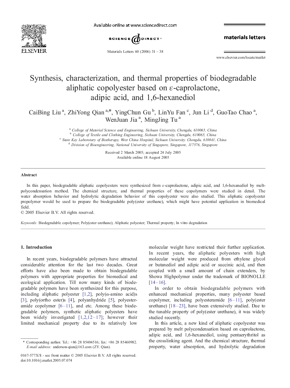 Synthesis, characterization, and thermal properties of biodegradable aliphatic copolyester based on ε-caprolactone, adipic acid, and 1,6-hexanediol