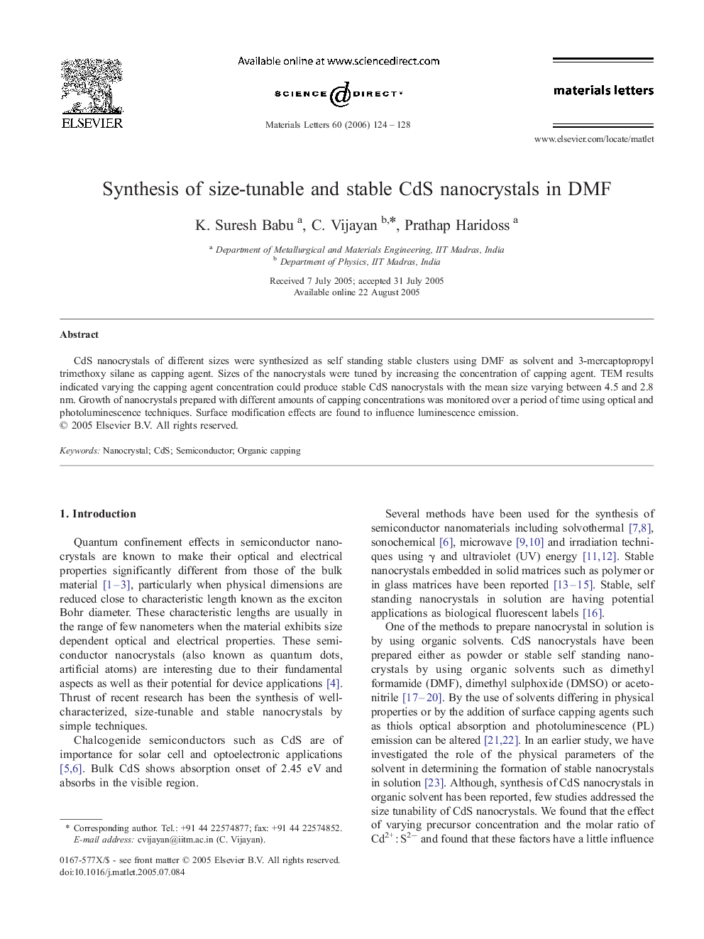 Synthesis of size-tunable and stable CdS nanocrystals in DMF